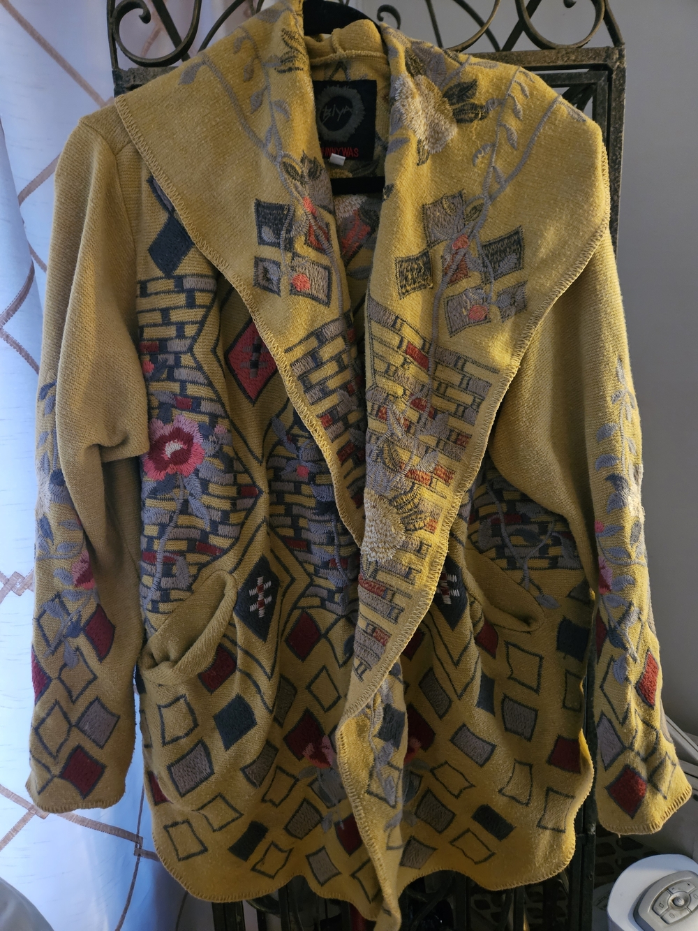 Johnny Was Mustard Yellow Hooded Patterned Cardigan XL